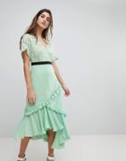 Three Floor Midi Dress With Lace Bodice - Green