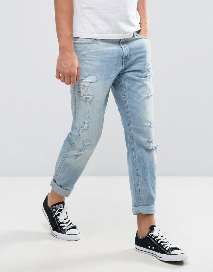 Hollister Skinny Crop Jeans In Stretch Light Distressed With Rips - Blue