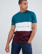 New Look Color Block T-shirt With Portland Embroidery In Green - Green