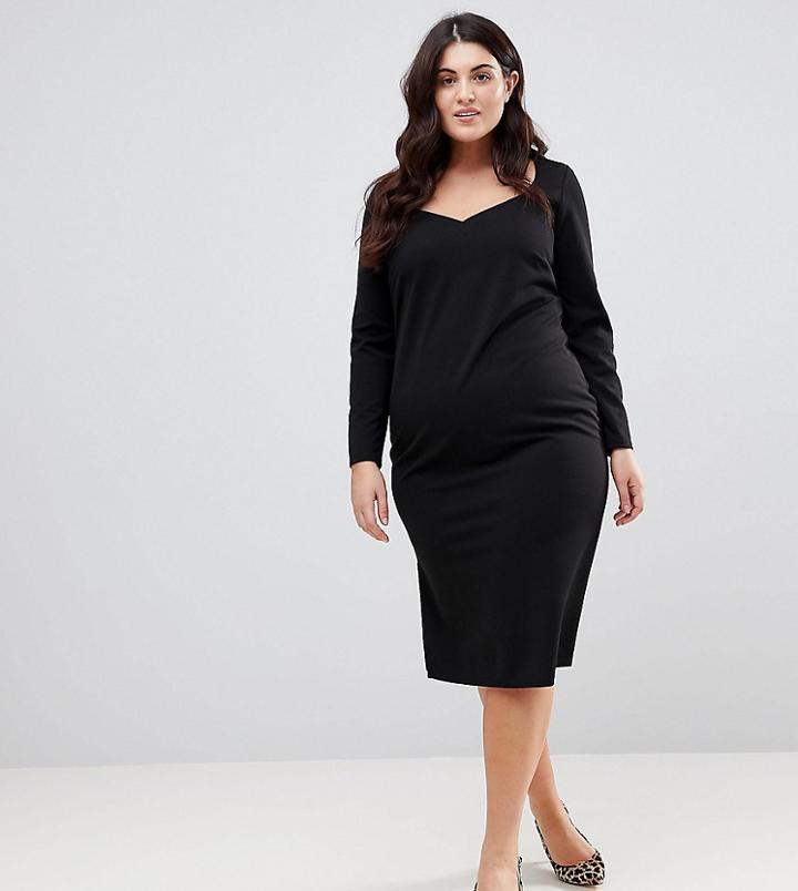 Asos Curve Midi V Neck Pencil Dress With Long Sleeves-black