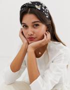Asos Design Headband With Knot Front In Daisy Print - Black