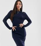Brave Soul Tall Beda Rib Sweater Dress With Button Neck-navy