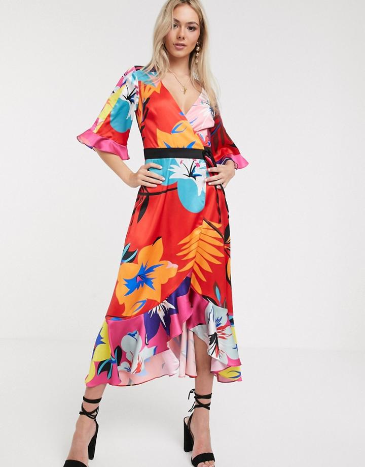 Liquorish Kimono Midi Dress In Mixed Print Floral-red