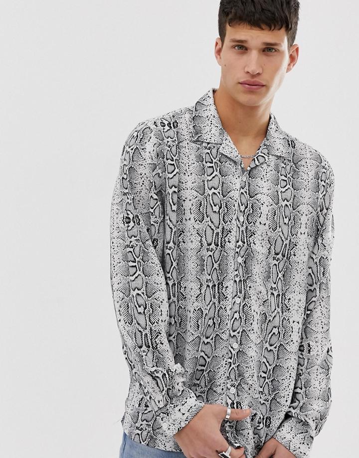 Brave Soul Snake Animal Print Long Sleeve Shirt - Gray