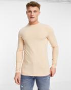 Asos Design Organic Cotton Blend Muscle Fit Long Sleeve T-shirt With Crew Neck In Beige-neutral