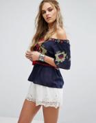 Honey Punch Off Shoulder Top With Embroidered Frill - Navy