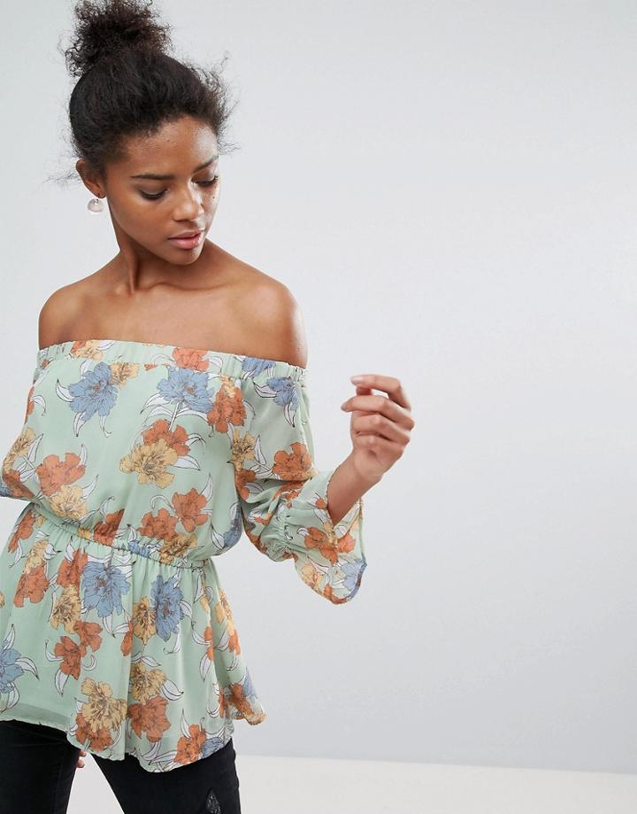 Crescent Floral Print Off Shoulder Peplum Blouse - Green