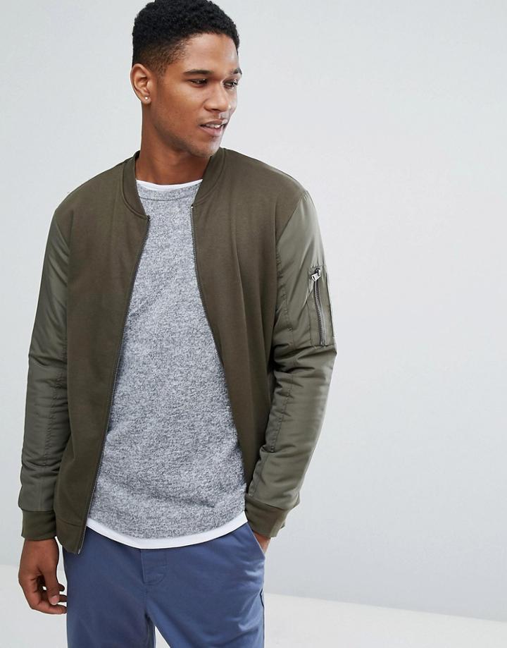Threadbare Contrast Sleeve Bomber Sweat - Green