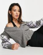 Violet Romance Cardigan With Contrast Diamond Knit Sleeves In Gray