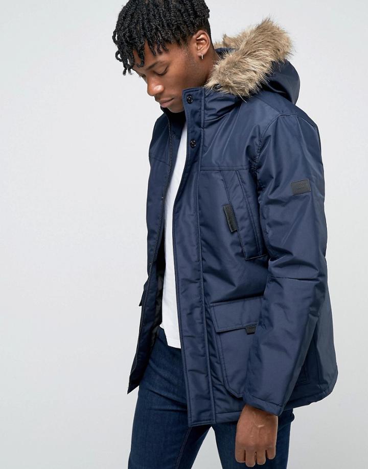 Jack & Jones Core Parka With Faux Fur Hood - Navy