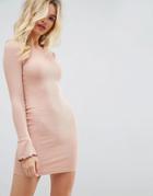 Asos Mini Rib Bodycon Dress With Frill Cuffs - Brown