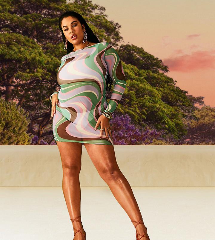 Asos Design Curve Mesh Long Sleeve Beach Mini Dress In Swirl Print-white