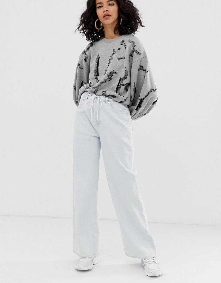 Asos Design Skater Boyfriend Jeans In Bleach Wash With Rope Belt - Blue