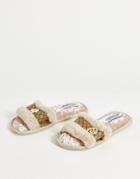 River Island Monogram Faux Fur Slipper In Cream-white