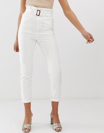 Fae Paperbag Buckle Waist Mom Jeans - White