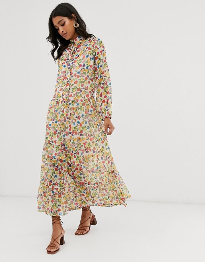 Neon Rose Volume Maxi Shirt Dress In Vintage Ditsy Floral - Multi