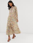 Neon Rose Volume Maxi Shirt Dress In Vintage Ditsy Floral - Multi