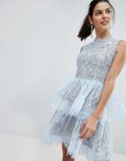 Bronx And Banco Tiered Mini Dress In Lace - Blue
