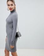 Asos Design High Neck Rib Mini Dress With Long Sleeves - Gray