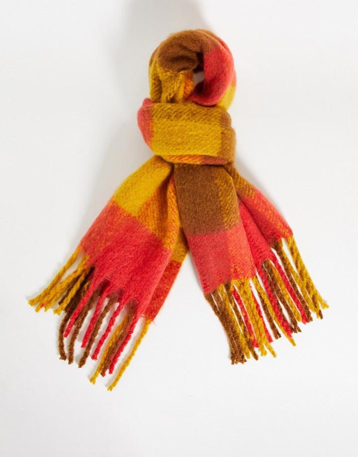 Asos Design Blanket Scarf With Check Detail In Red And Tobacco-multi