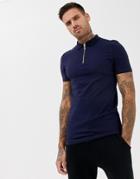 Asos Design Muscle Fit Jersey Polo With Stretch With Zip Neck In Navy