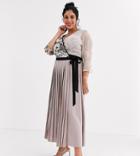 Little Mistress Plus Wrap Front Maxi Dress With Pleated Skirt In Mink-pink