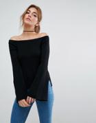 Asos Off The Shoulder Sweater With Fluted Sleeve - Black