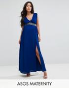 Asos Maternity Embellished Waist Strap Back Maxi Dress - Blue