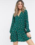Asos Design Long Sleeve V Neck Mini Dress With Curved Hem In Green Floral-multi