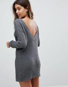 Fashion Union Sweater Dress In Cable Knit With Deep V Back - Gray