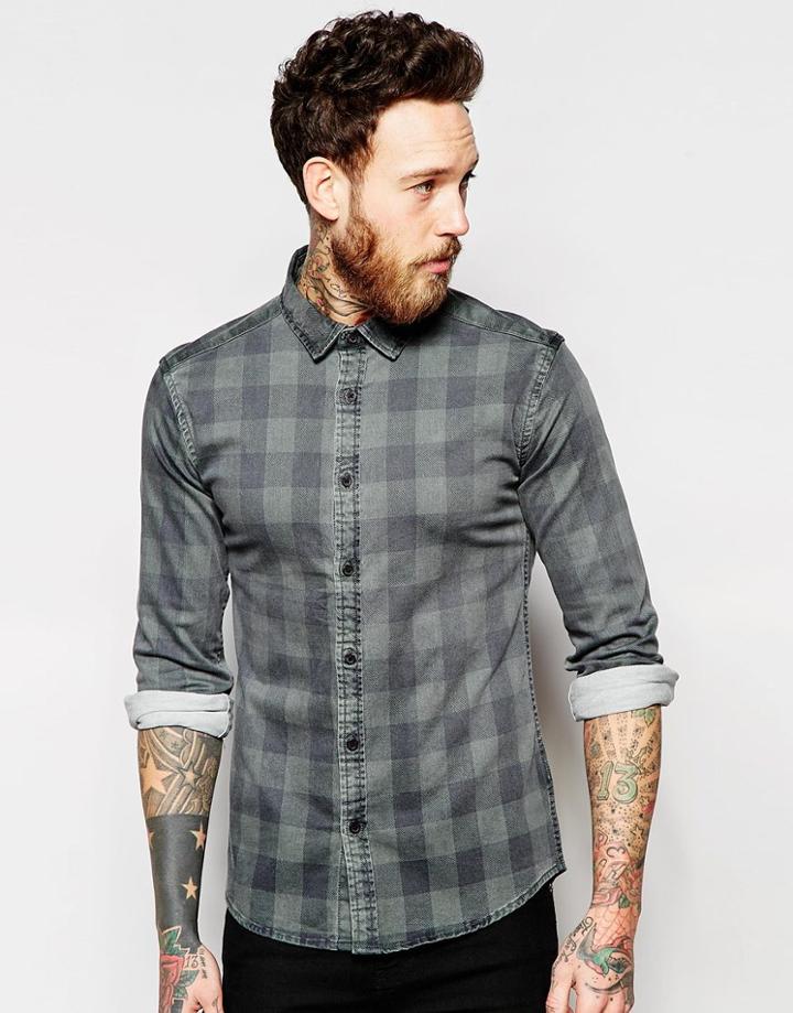 Asos Skinny Shirt In Buffalo Denim Check - Black