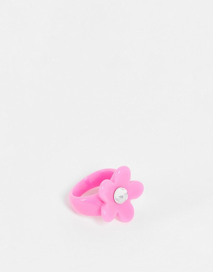 Asos Design Ring With Pink Flower In Plastic