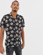 Urban Threads Christmas Short Sleeve Rever Collar Shirt In Christmas Pudding - Black