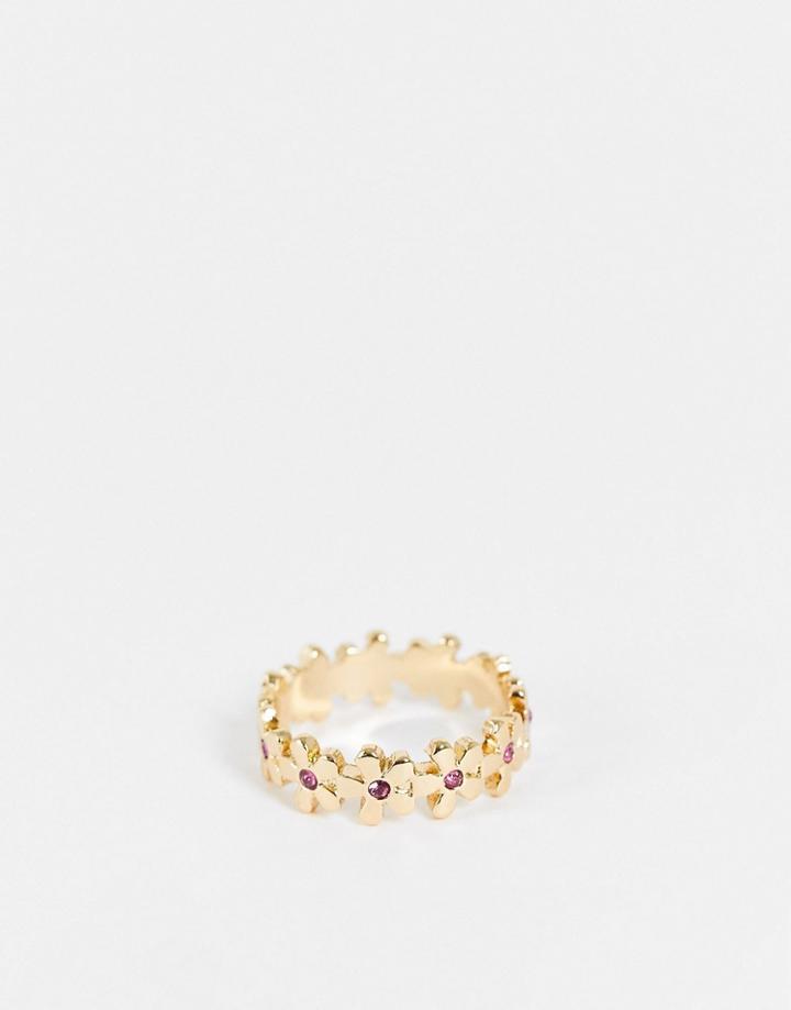Asos Design Ring With Flower And Crystal In Gold Tone
