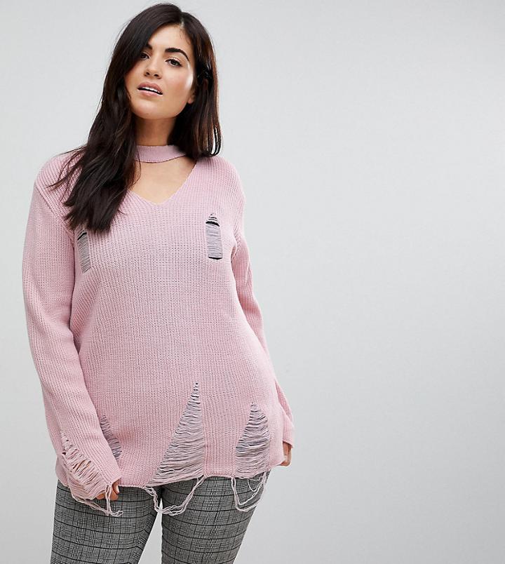 Club L Plus Ladder Detail Choker Sweater - Pink