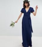Tfnc Wrap Maxi Bridesmaid Dress With Tie Detail And Puff Sleeves - Navy