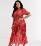 Never Fully Dressed Plus Puff Sleeve Midi Dress In Red Floral Print-gold