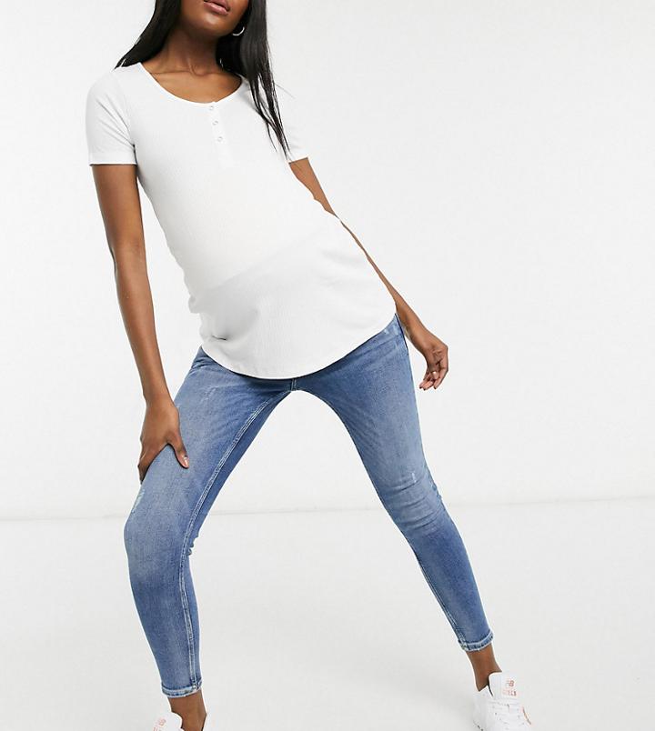 River Island Maternity Amelie Overbump Distressed Skinny Jeans In Mid Blue-blues