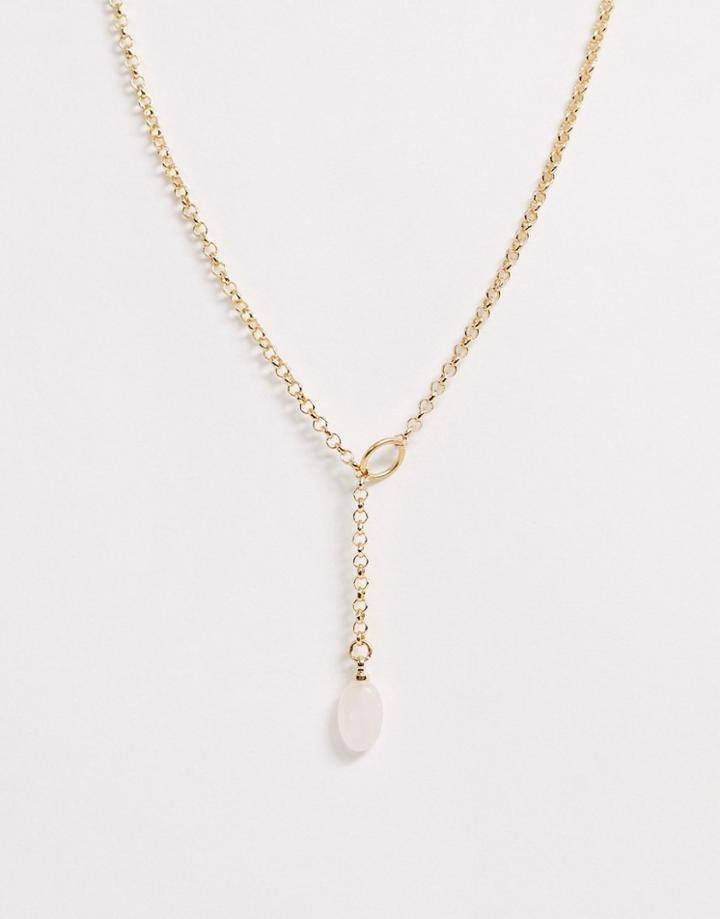 Asos Design Necklace With Semi-precious Rose Quartz Stone In Gold Tone