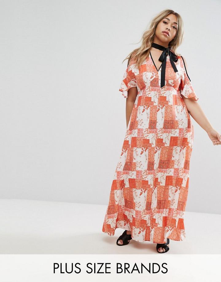 Lost Ink Plus Cold Shoulder Patchwork Maxi Dress With Tie Neck - Multi