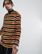 Asos Design Relaxed Longline Long Sleeve T-shirt In Velour Stripe With Zip Turtleneck - Multi