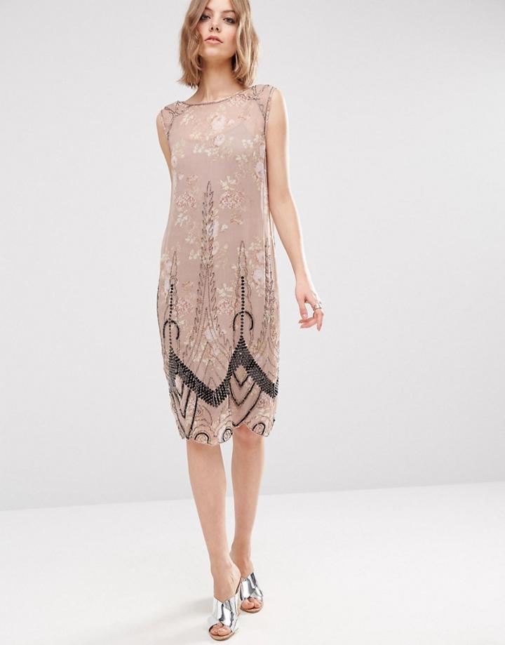 Asos Premium Embellished Column Dress In Floral Print - Multi