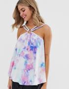 Asos Design Halterneck Cami With Ring Detail And Braiding In Tie Dye Print-multi