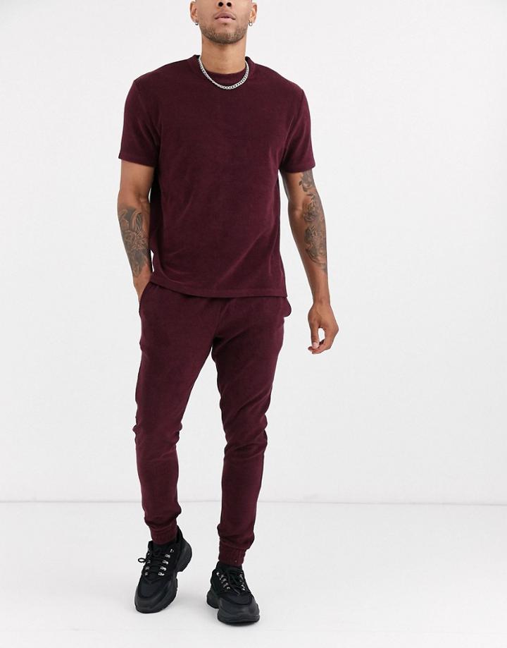 Asos Design Two-piece Skinny Sweatpants In Burgundy Towelling