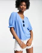 New Look Button Through Blouse With Sleeve Detail In Blue-blues