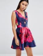 Sistaglam Skater Dress In Floral Graphic Print - Blue