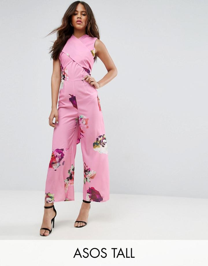 Asos Tall Jumpsuit In Large Rose Floral Print - Multi