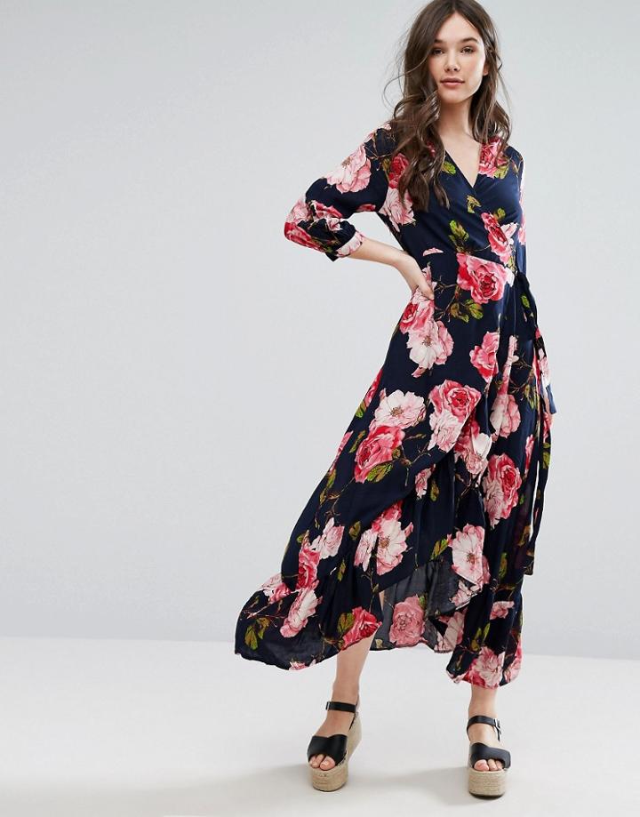 Qed London Printed Wrap Maxi Dress - Navy