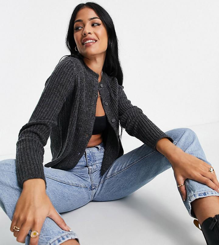 Asos Design Tall Crew Neck Cardi With Button Front In Dark Gray-grey