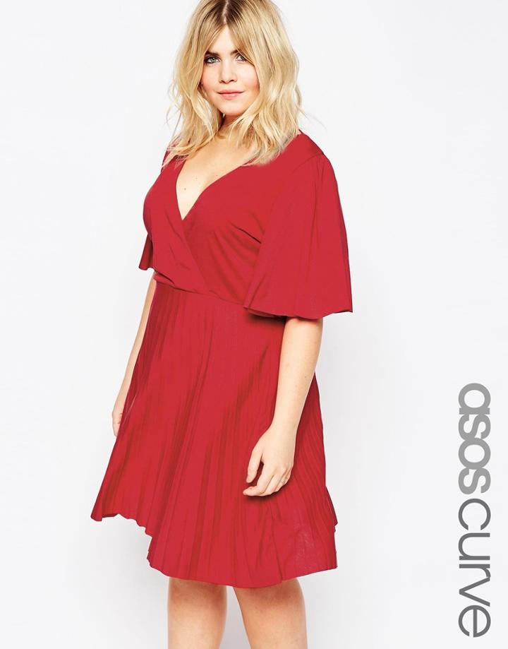 Asos Curve Pleated Mini Dress With Flutter Sleeve - Red